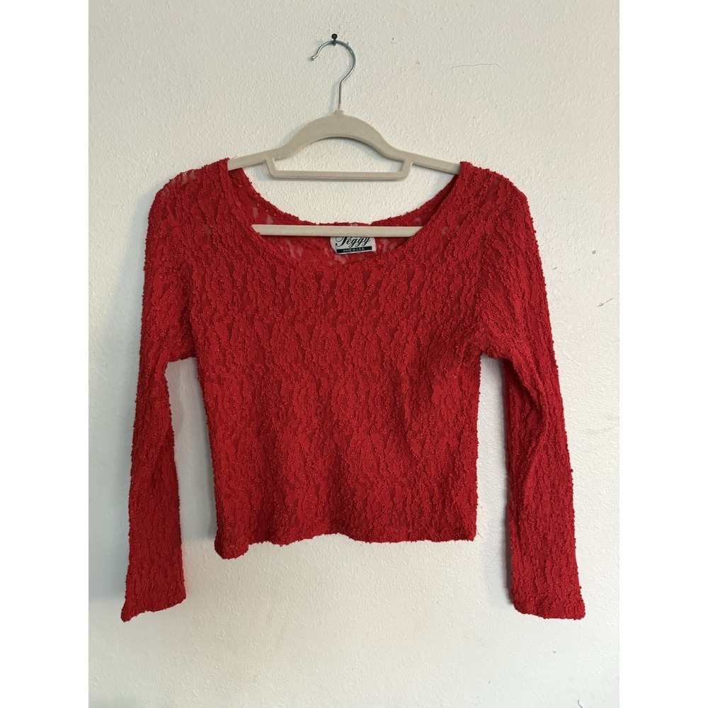 Vintage Peggy red lace long sleeve top coquette‎ sexy crop Sz S